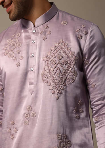 Pink Hand Embroidered Linen Kurta Set For Men