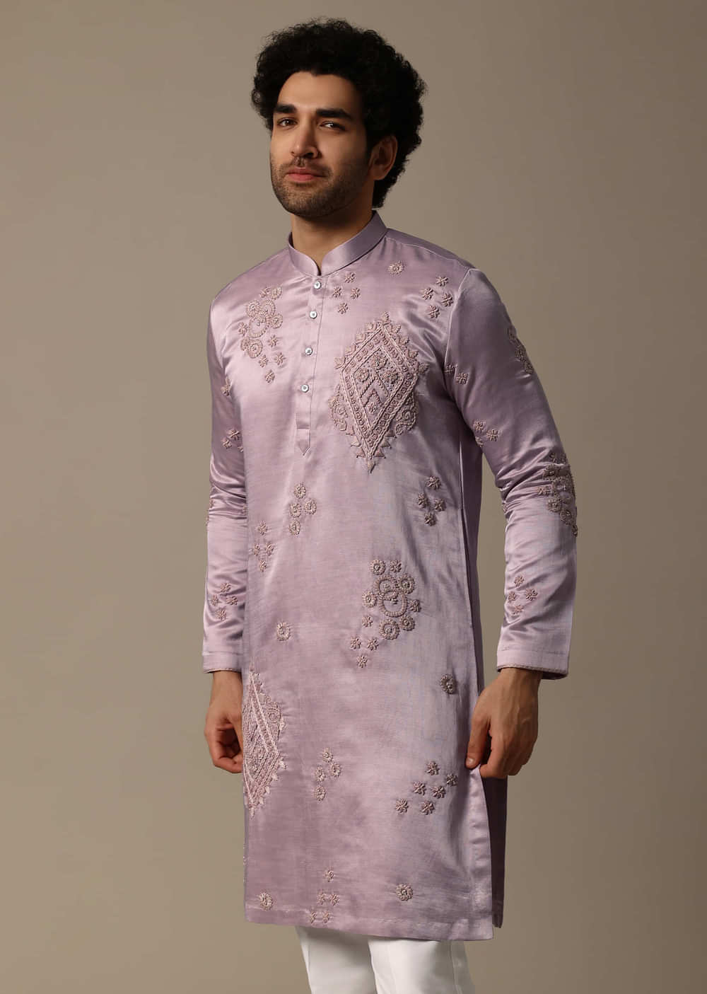 Pink Hand Embroidered Linen Kurta Set For Men