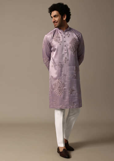 Pink Hand Embroidered Linen Kurta Set For Men