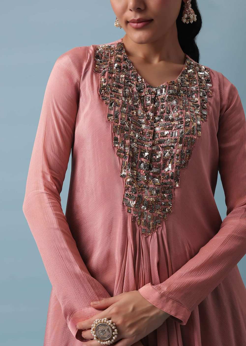 Pink High Low Anarkali Set In Chinon