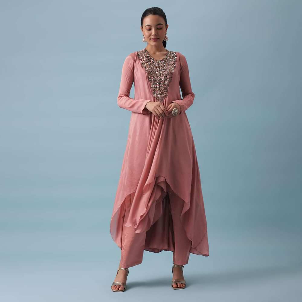 Pink High Low Anarkali Set In Chinon