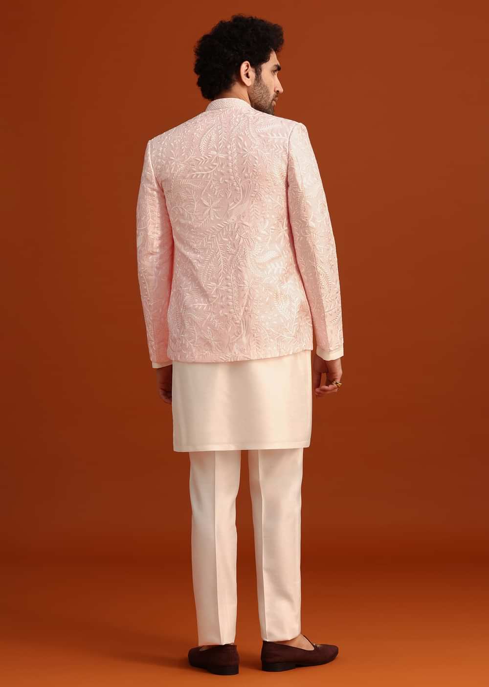 Pink Indo-Western Jacket And Kurta Set In Silk With French Knots
