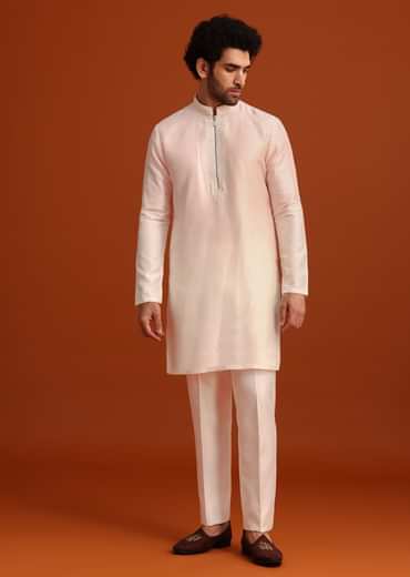 Pink Indo-Western Jacket And Kurta Set In Silk With French Knots