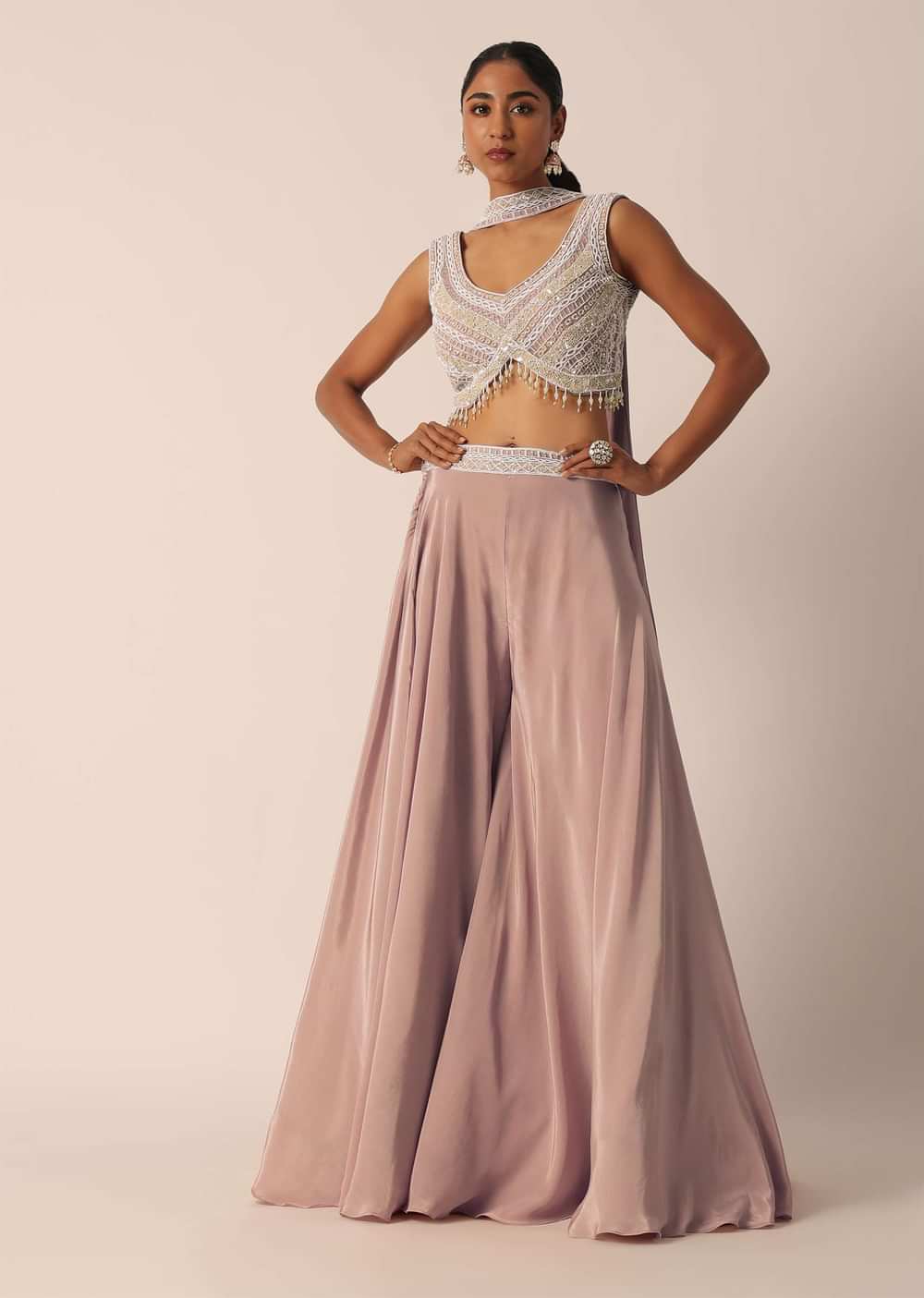 Pink Indo Fusion Hand Embroidered Blouse And Palazzo Set
