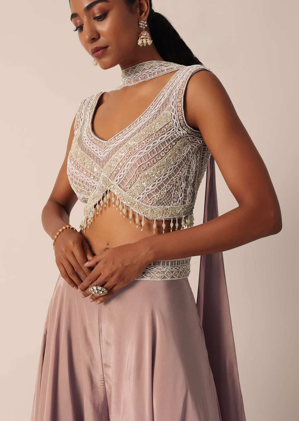 Pink Indo Fusion Hand Embroidered Blouse And Palazzo Set