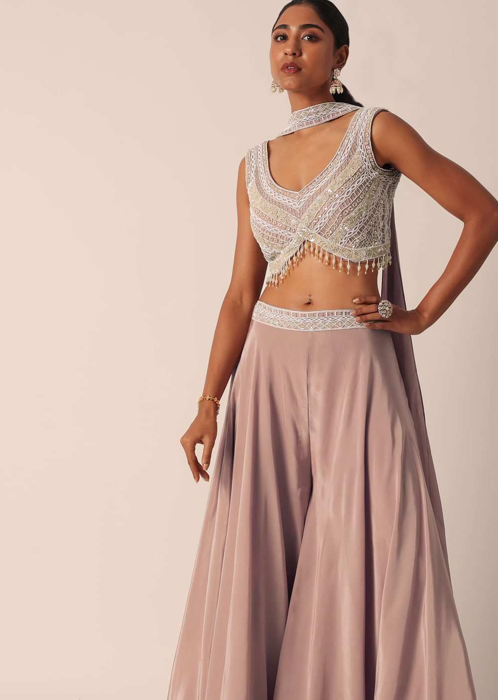 Pink Indo Fusion Hand Embroidered Blouse And Palazzo Set