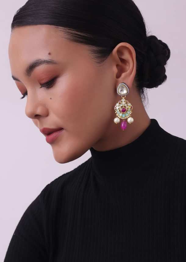 Pink Jadau Choker And Earring Set In Gold Finish With Stones Pink Jadau Choker And Earring Set In Gold Finish With Stones