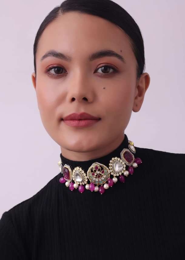 Pink Jadau Choker And Earring Set In Gold Finish With Stones Pink Jadau Choker And Earring Set In Gold Finish With Stones