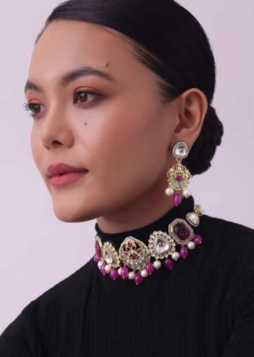 Pink Jadau Choker And Earring Set In Gold Finish With Stones
