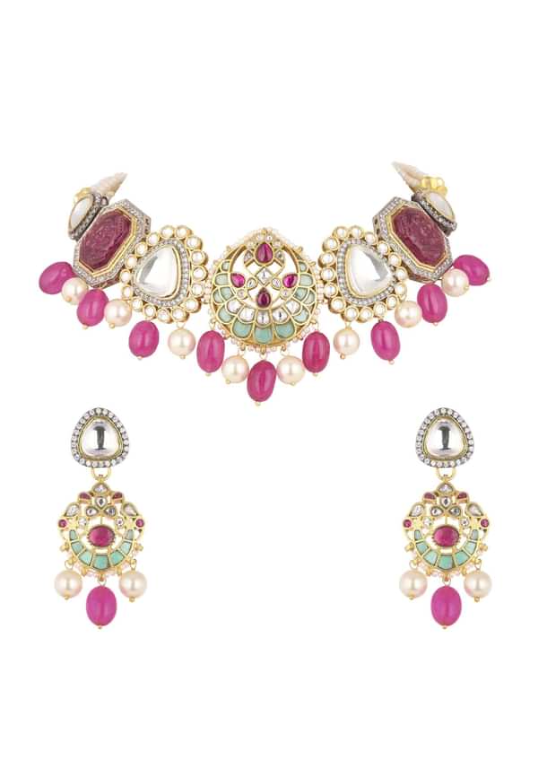 Pink Jadau Choker And Earring Set In Gold Finish With Stones Pink Jadau Choker And Earring Set In Gold Finish With Stones
