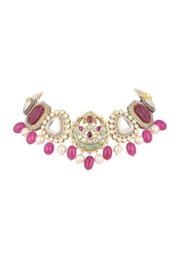 Pink Jadau Choker And Earring Set In Gold Finish With Stones