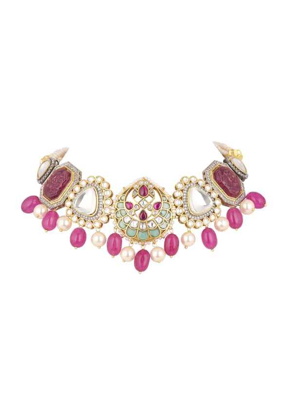 Pink Jadau Choker And Earring Set In Gold Finish With Stones Pink Jadau Choker And Earring Set In Gold Finish With Stones