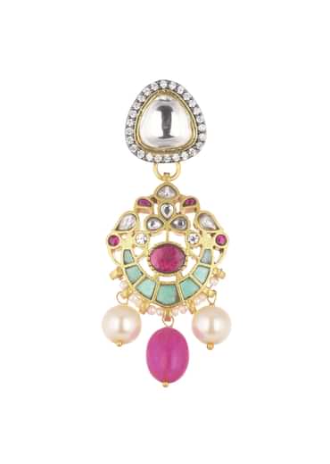 Pink Jadau Choker And Earring Set In Gold Finish With Stones