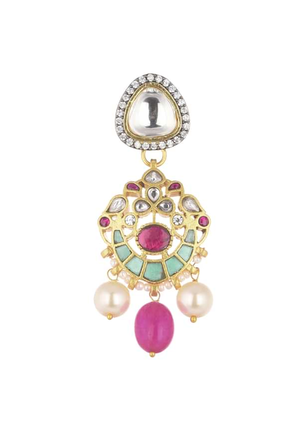 Pink Jadau Choker And Earring Set In Gold Finish With Stones Pink Jadau Choker And Earring Set In Gold Finish With Stones