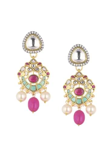 Pink Jadau Choker And Earring Set In Gold Finish With Stones