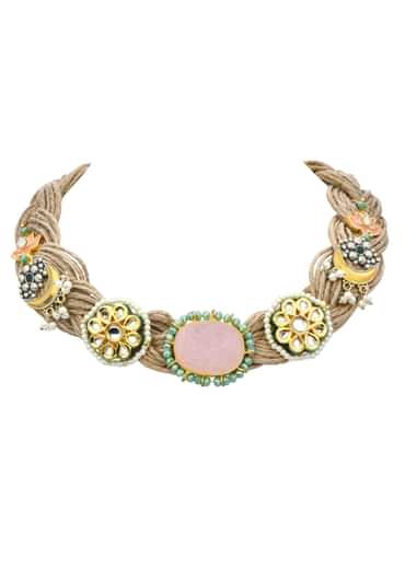 Pink Jute Choker With Kundan Motifs Pink Jute Choker With Kundan Motifs