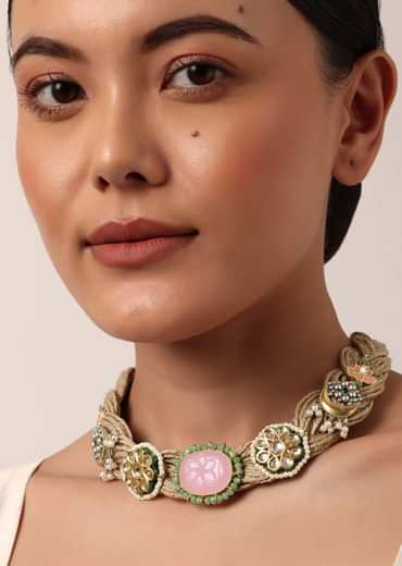 Pink Jute Choker With Kundan Motifs Pink Jute Choker With Kundan Motifs