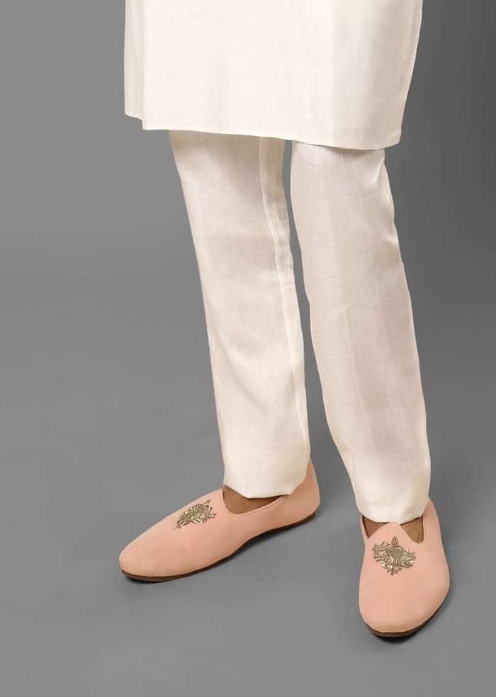 Pink Juttis In Suede With Zari Embroidered Motif