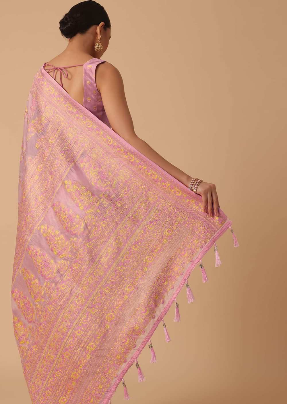 Pink Kashmiri Saree in Silk With Unstitched Blouse Piece