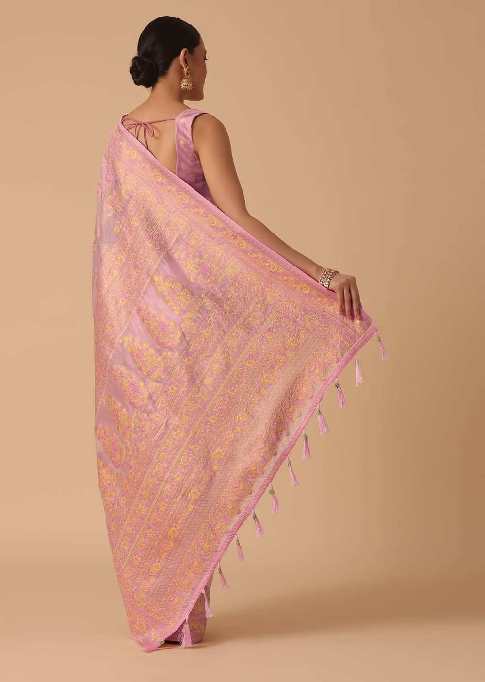 Pink Kashmiri Saree in Silk With Unstitched Blouse Piece