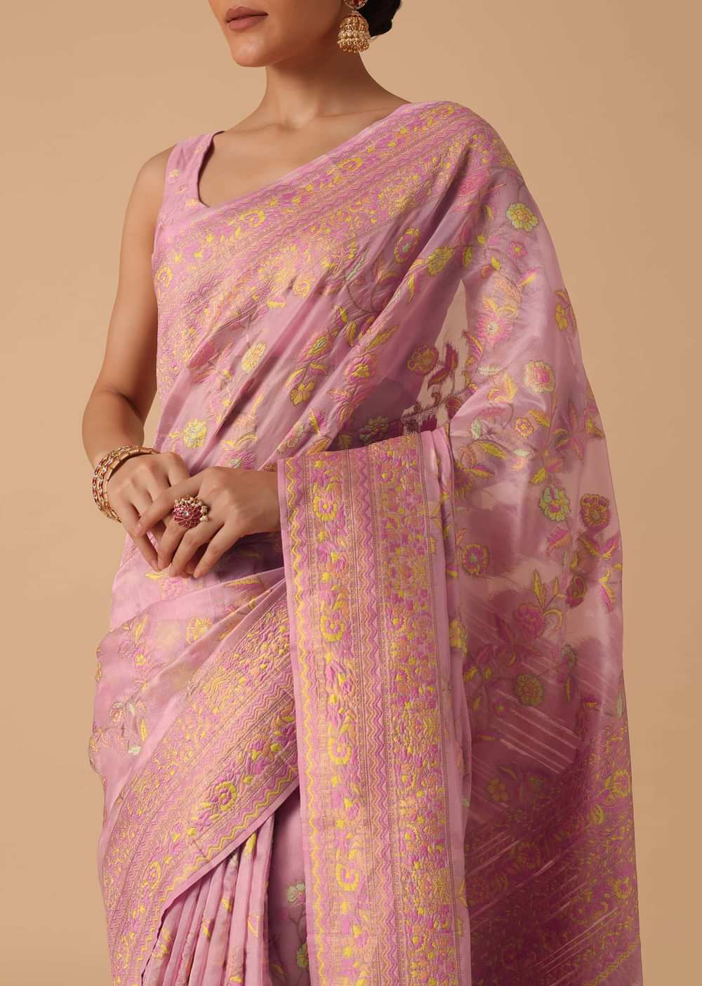 Pink Kashmiri Saree in Silk With Unstitched Blouse Piece