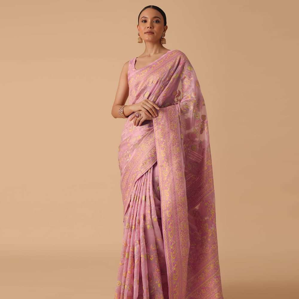 Pink Kashmiri Saree in Silk With Unstitched Blouse Piece