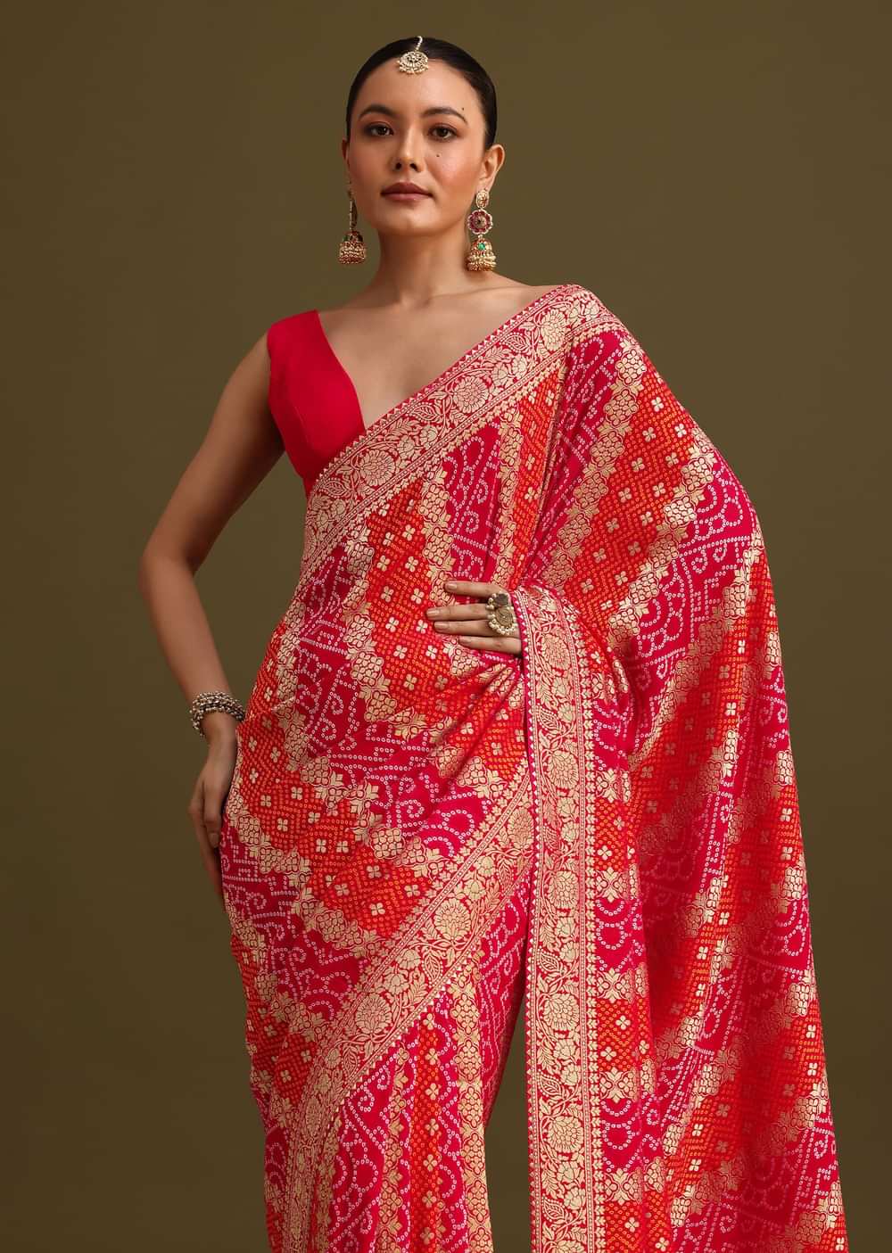 Pink Khaddi Georgette Saree With Gotta Patti Border And Unstitched Blouse