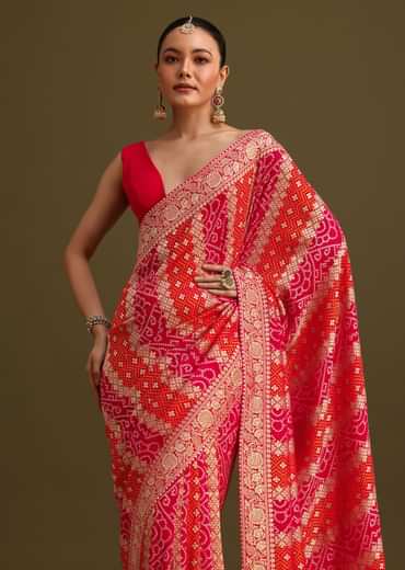 Pink Khaddi Georgette Saree With Gotta Patti Border And Unstitched Blouse