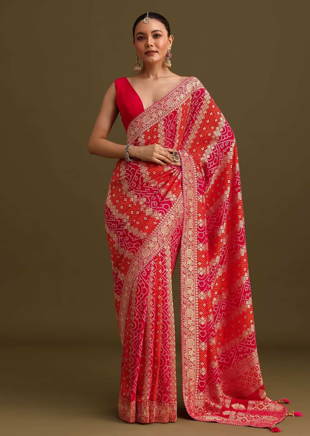 Pink Khaddi Georgette Saree With Gotta Patti Border And Unstitched Blouse