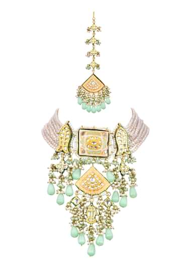 Pink Kundan Choker Set With Green Bead Drops