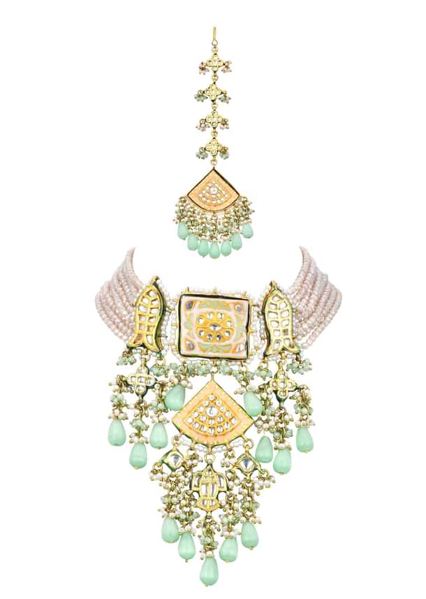 Pink Kundan Choker Set With Green Bead Drops Pink Kundan Choker Set With Green Bead Drops