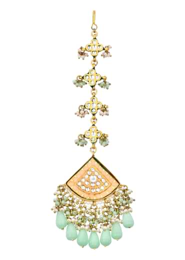Pink Kundan Choker Set With Green Bead Drops