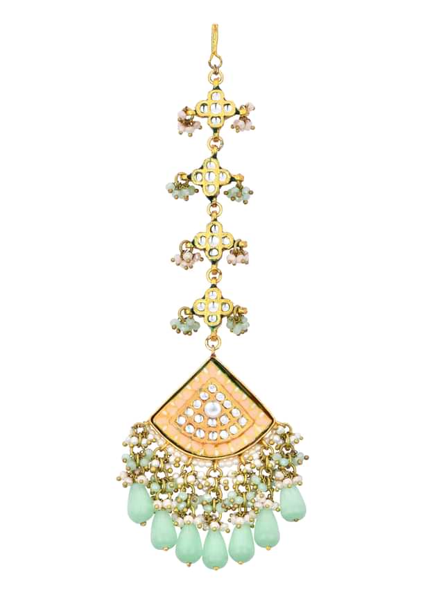 Pink Kundan Choker Set With Green Bead Drops Pink Kundan Choker Set With Green Bead Drops