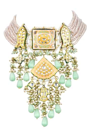 Pink Kundan Choker Set With Green Bead Drops