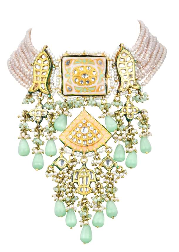 Pink Kundan Choker Set With Green Bead Drops Pink Kundan Choker Set With Green Bead Drops
