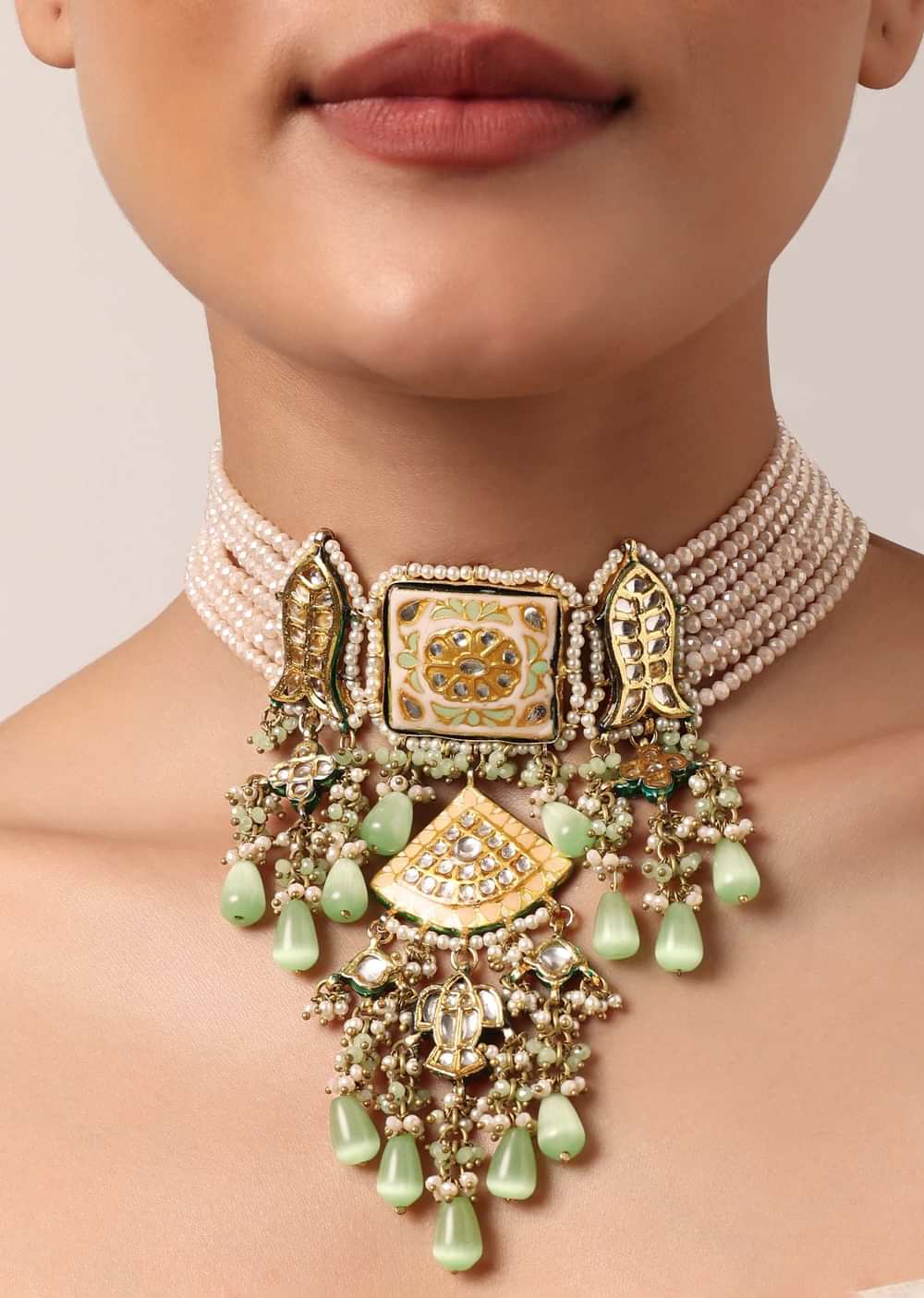 Pink Kundan Choker Set With Green Bead Drops