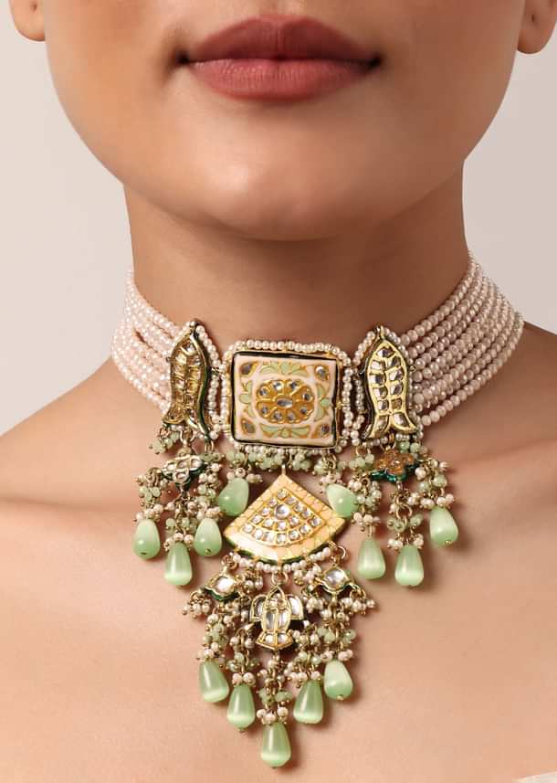 Pink Kundan Choker Set With Green Bead Drops Pink Kundan Choker Set With Green Bead Drops