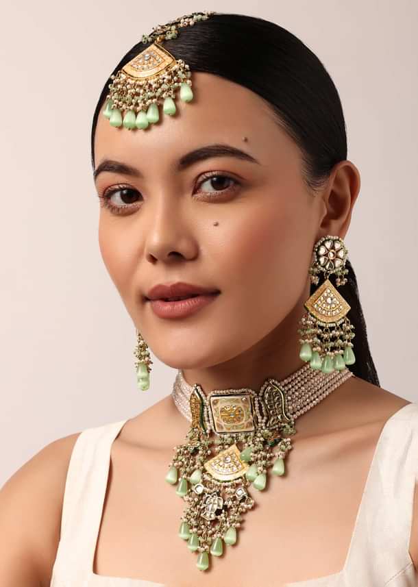 Pink Kundan Choker Set With Green Bead Drops Pink Kundan Choker Set With Green Bead Drops