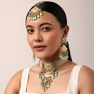 Pink Kundan Choker Set With Green Bead Drops