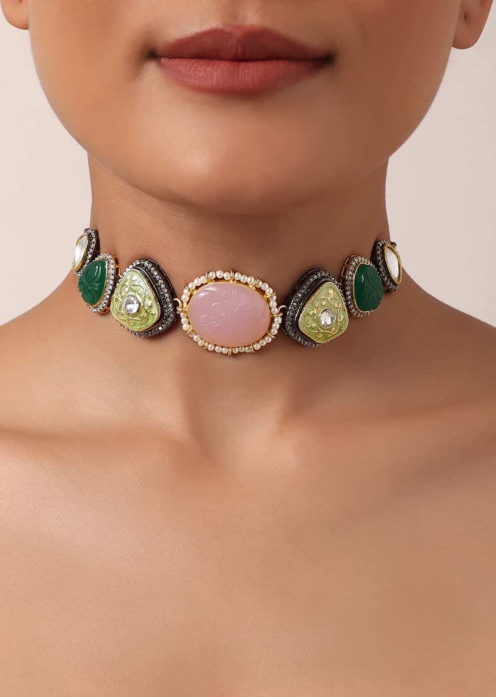 Pink Kundan Choker Set With Two Tone Stones