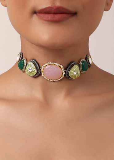 Pink Kundan Choker Set With Two Tone Stones