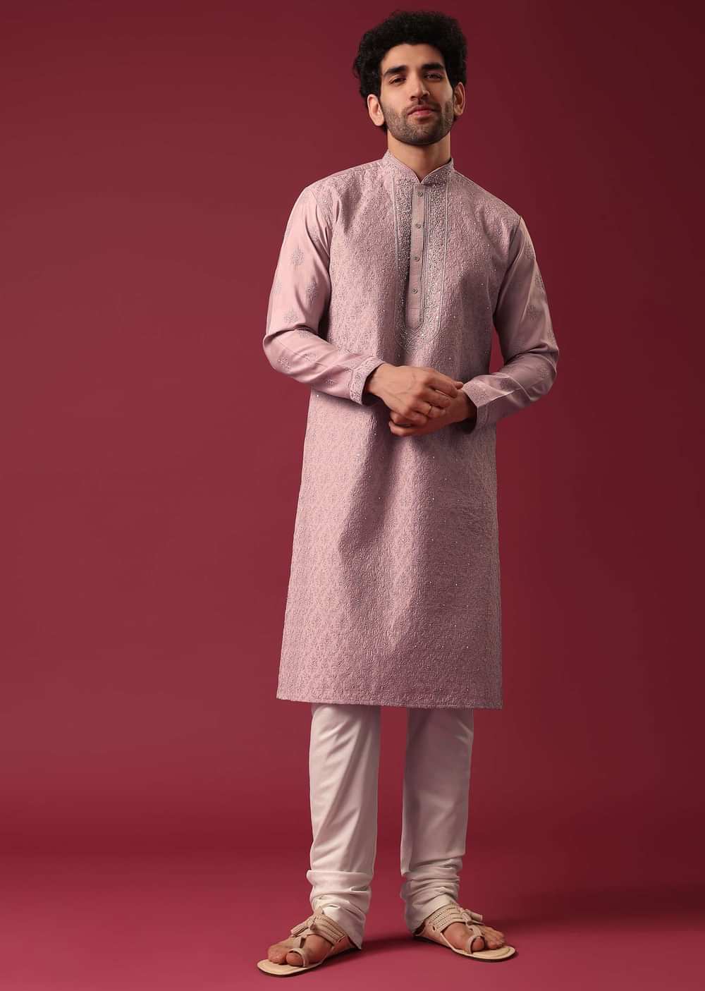 Pink Kurta Set In Silk with Sequin Work