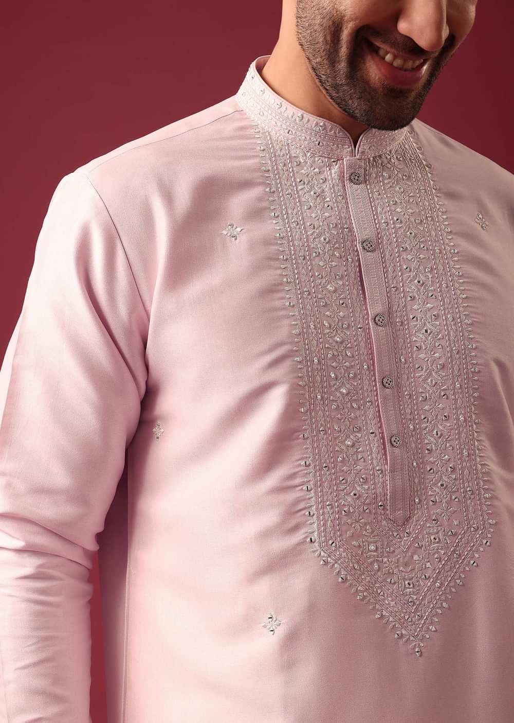 Pink Kurta Set With Mirror Work In Silk Fabric