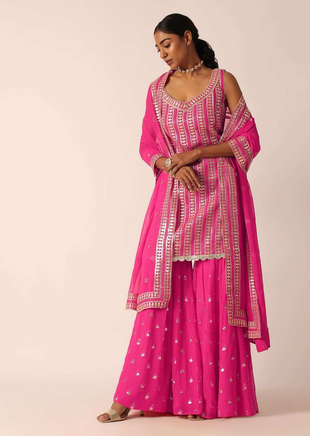 Pink Kurta Sharara Set With Gota Patti Work