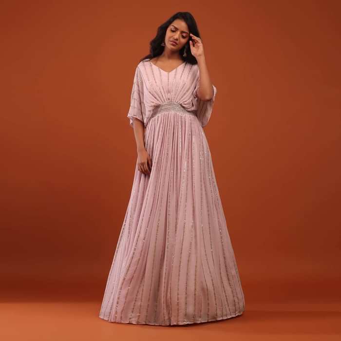 Pink Lady Cut-dana And Sequins Embroidered Georgette Kaftan Gown