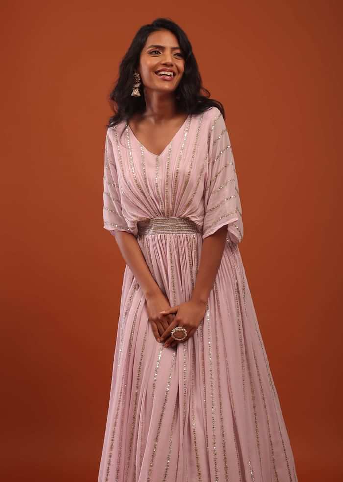 Pink Lady Cut-dana And Sequins Embroidered Georgette Kaftan Gown