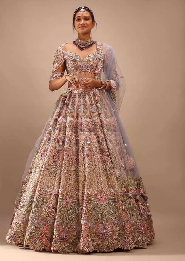 Light Pink Lehenga Set With A Choli In Moti Embroidery, Crop Top Comes In Half Sleeves With Cut Work
