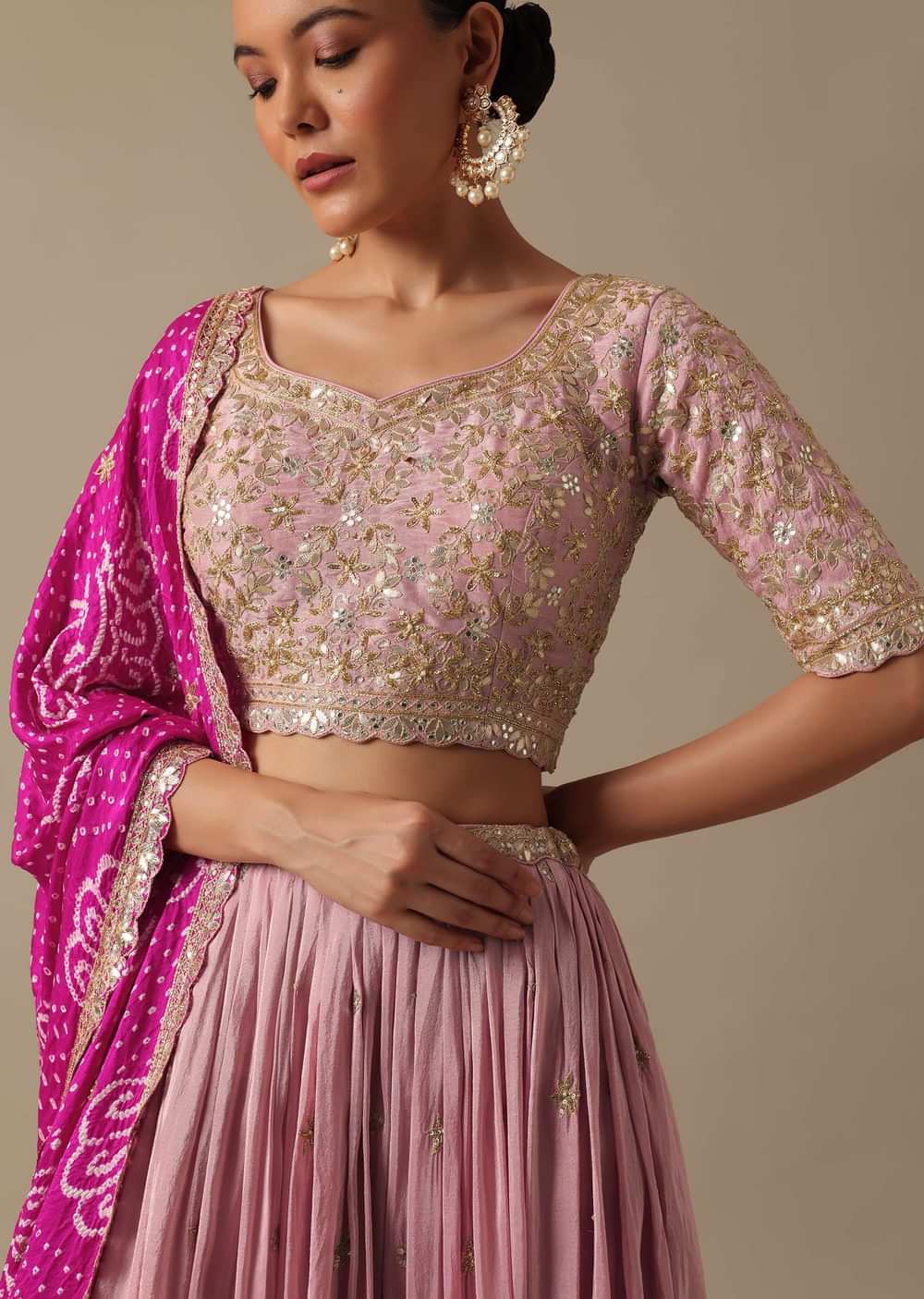Pink Lehenga Set With Foil Mirror Embroidery