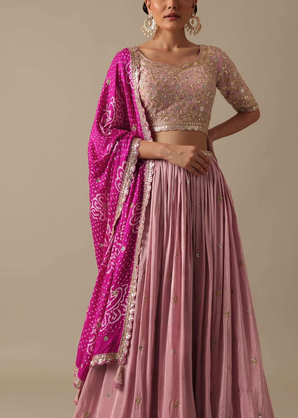 Pink Lehenga Set With Foil Mirror Embroidery