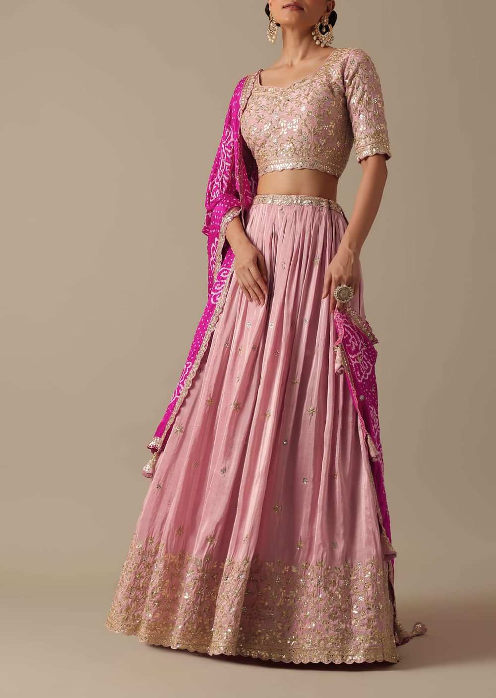 Pink Lehenga Set With Foil Mirror Embroidery